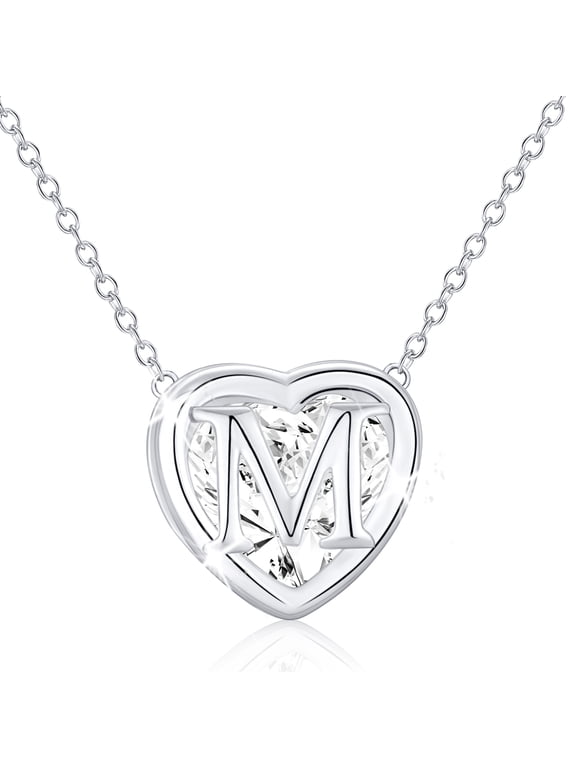925 Silver Plated Love Heart Initial Necklaces for Women CZ Letter M Pendant Chain Birthday Christmas Jewelry Gifts Teen Girls Stocking Stuffers Kids Age