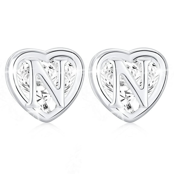 APSVO 18K White Gold Plated Love Heart Initial Stud Earrings for Women Girls CZ Hypoallergenic Post S925 Sterling Silver Letter N Earrings Birthday Valentines Day Jewelry Gifts Teen Her Kids Ideas