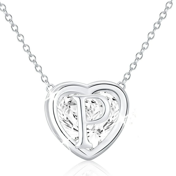 APSVO 18K White Gold Plated Love Heart Initial Necklaces for Women Girls CZ S925 Sterling Silver Letter P Pendant Chain Birthday Valentines Day Jewelry Gifts Teen Her Mom Wife Adults Kids Age Ideas