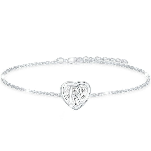 APSVO 18K White Gold Plated Love Heart Initial Bracelets for Women Girls CZ S925 Sterling Silver Letter R Bracelet Birthday Valentines Day Jewelry Gifts Teen Her Mom Wife Lady Adults Kids Age Ideas
