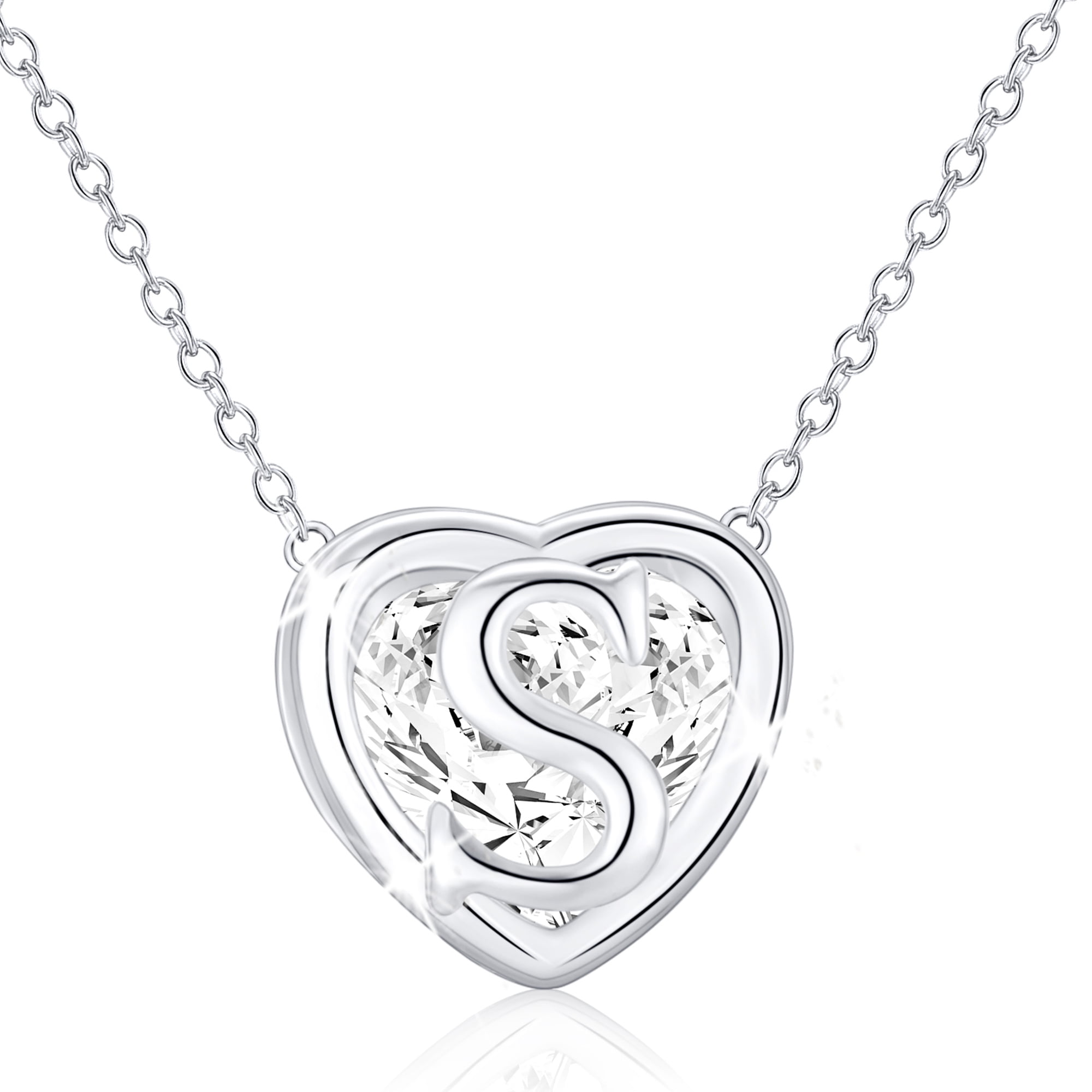 APSVO 18K White Gold Plated Heart Initial Necklace, S925 Sterling