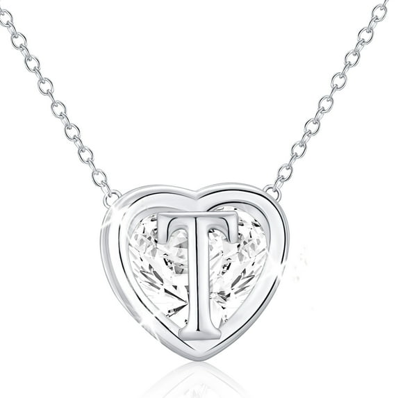 APSVO 18K White Gold Plated Love Heart Initial Necklaces for Women Girls CZ S925 Sterling Silver Letter T Pendant Chain Birthday Valentines Day Jewelry Gifts Teen Her Mom Wife Adults Kids Age Ideas