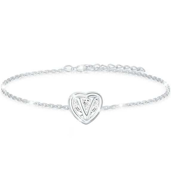 APSVO 18K White Gold Plated Love Heart Initial Bracelets for Women Girls CZ S925 Sterling Silver Letter V Bracelet Birthday Valentines Day Jewelry Gifts Teen Her Mom Wife Lady Adults Kids Age Ideas