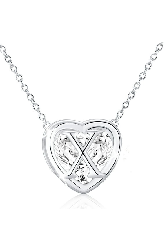 18K White Gold Plated Love Heart Initial Necklaces for Women Girls CZ S925 Sterling Silver Letter X Pendant Chain Birthday Valentines Day Jewelry Gifts Teen Her Mom Wife Adults Kids Age Ideas