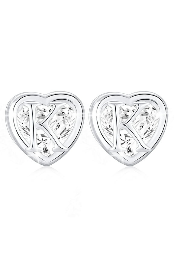 18K White Gold Plated Love Heart Initial Stud Earrings for Women Girls CZ Hypoallergenic Post S925 Sterling Silver Letter K Earrings Birthday Valentines Day Jewelry Gifts Teen Her Kids Ideas