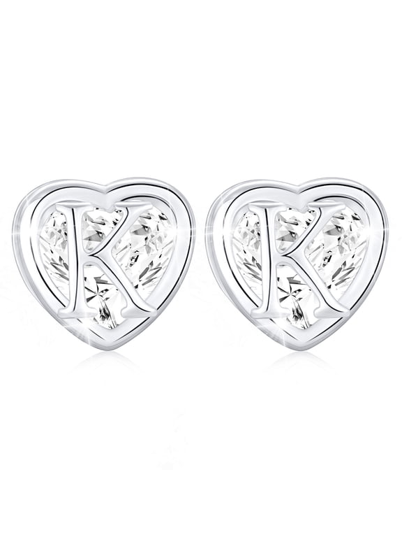 18K White Gold Plated Love Heart Initial Stud Earrings for Women Girls Hypoallergenic S925 Sterling Silver Post Letter K Earrings Birthday Graduation Jewelry Gifts Teen Her Mom Kids