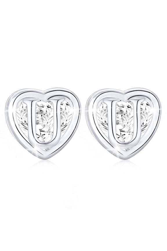 18K White Gold Plated Love Heart Initial Stud Earrings for Women Girls Hypoallergenic S925 Sterling Silver Post Letter U Earrings Birthday Graduation Jewelry Gifts Teen Her Mom Kids
