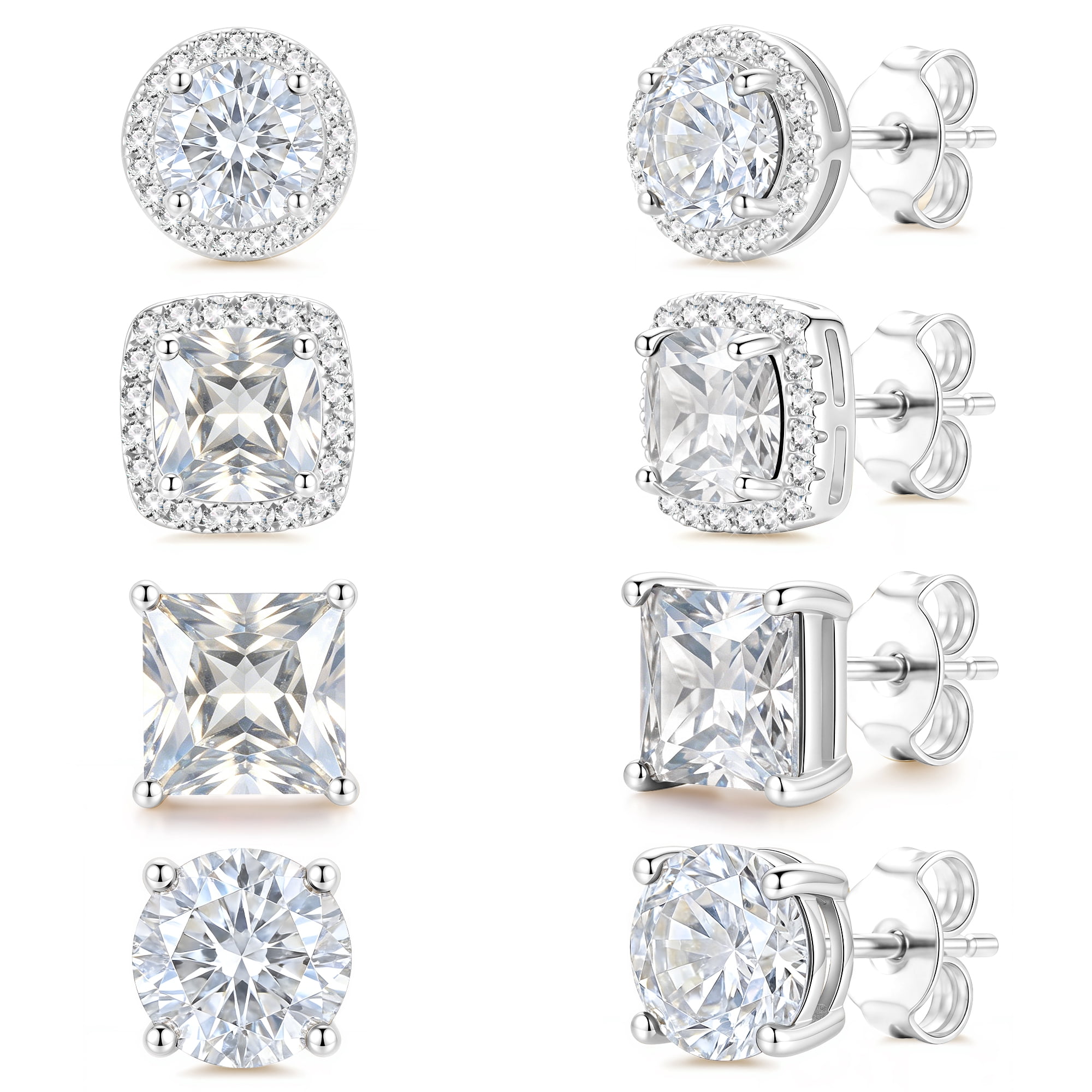 APSVO 4 Pairs 18K White Gold Plated Halo Stud Earrings for Women Men CZ Hypoallergenic with S925 Sterling Silver Post Earrings Set Birthday Christmas Jewelry Gifts Teen Stocking Stuffers Adults