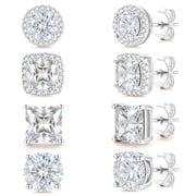 APSVO 4 Pairs 18K White Gold Plated Halo Stud Earrings for Women Men CZ Hypoallergenic with S925 Sterling Silver Post Earrings Set Birthday Christmas Jewelry Gifts Teen Stocking Stuffers Adults