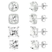 APSVO 4 Pairs 18K White Gold Plated Halo Stud Earrings for Women Men CZ Hypoallergenic Post S925 Sterling Silver Earrings Set Birthday Christmas Jewelry Gifts Mom Boyfriend Adults Stocking Stuffers