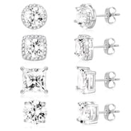 APSVO 4 Pairs 18K White Gold Plated Halo Stud Earrings for Women Men CZ Hypoallergenic S925 Sterling Silver Post Earrings Set Birthday Graduation Mother's Day Jewelry Gifts Mom Her Him Teen Wife Adult
