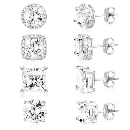 APSVO 4 Pairs 18K White Gold Plated Halo Stud Earrings for Women Men CZ Hypoallergenic Post S925 Sterling Silver Earrings Set Birthday Valentines Day Jewelry Gifts Her Him Teen Husband Wife Adults