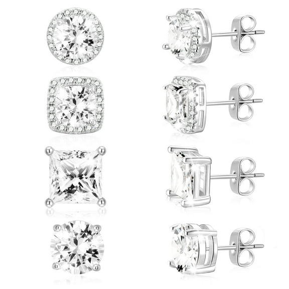 APSVO 4 Pairs 18K White Gold Plated Halo Stud Earrings for Women Men CZ Hypoallergenic Post S925 Sterling Silver Earrings Set Birthday Christmas Jewelry Gifts Mom Boyfriend Adults Stocking Stuffers