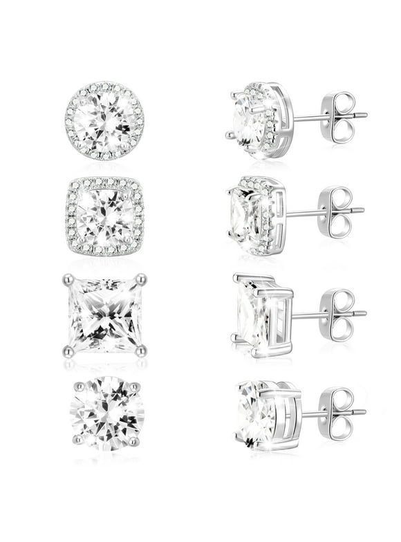 4 Pairs 18K White Gold Plated Halo Stud Earrings for Women Men CZ Hypoallergenic Post S925 Sterling Silver Earrings Set Birthday Valentines Day Jewelry Gifts Her Him Teen Husband Wife Adults
