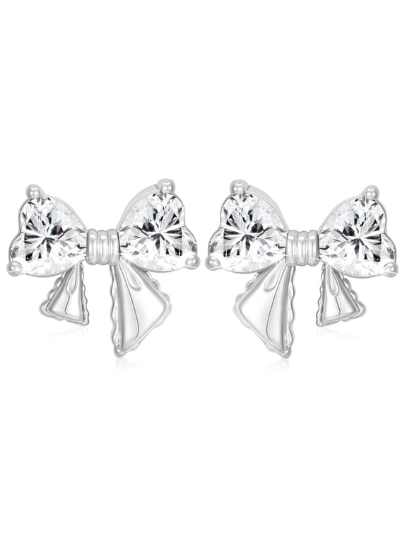 18K White Gold Plated Bow Love Heart Stud Earrings for Women Girls CZ S925 Sterling Silver Post April Birthstone Earrings Birthday Graduation Jewelry Gifts Teen Her Mom Wife Kids