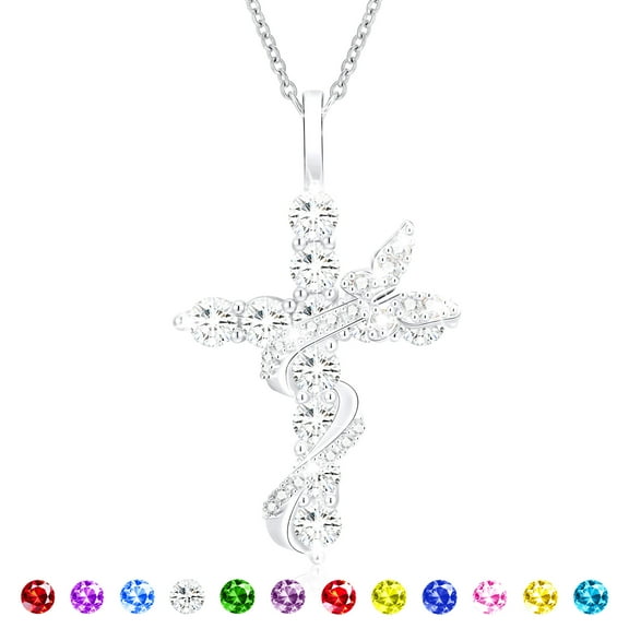 APSVO 18K White Gold Plated Butterfly Cross Necklaces for Women Girls S925 Sterling Silver April Birthstone Necklace with Crystal Birthday Valentines Day Jewelry Gifts Teen Her Adults Kids Ideas Age