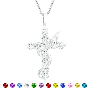APSVO 18K White Gold Plated Butterfly Cross Necklaces for Women Girls S925 Sterling Silver April Birthstone Necklace with Crystal Birthday Valentines Day Jewelry Gifts Teen Her Adults Kids Ideas Age