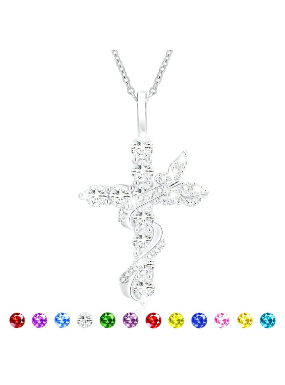 18K White Gold Plated Butterfly Cross Necklaces for Women Girls S925 Sterling Silver April Birthstone Necklace with Crystal Birthday Valentines Day Jewelry Gifts Teen Her Adults Kids Ideas Age