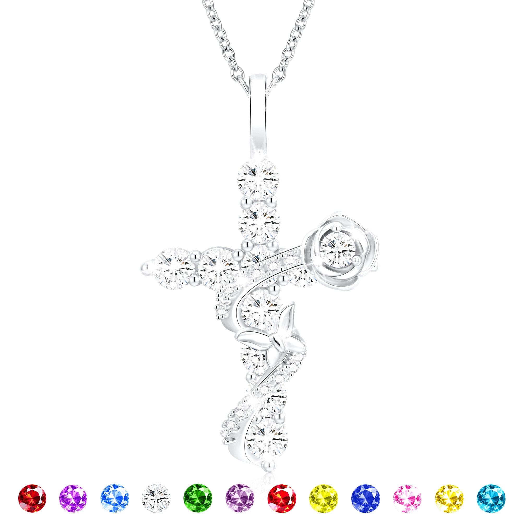 APSVO 18K White Gold Plated Rose Cross Necklaces for Women Girls S925 Sterling Silver April Birthstone Necklace with Crystal Birthday Christmas Jewelry Gifts Teen Mom Stocking Stuffers Kids Age