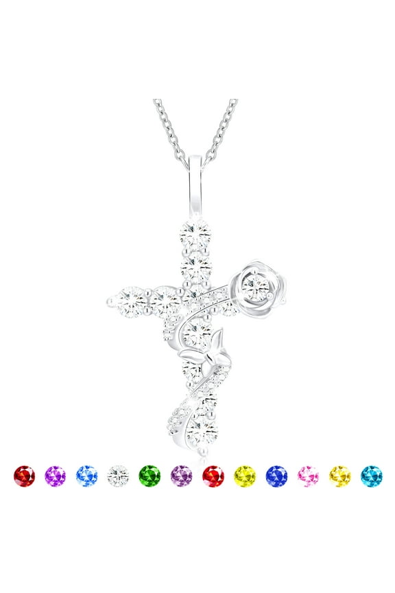 18K White Gold Plated Rose Cross Necklaces for Women Girls S925 Sterling Silver April Birthstone Pendant with Crystal Birthday Valentines Day Jewelry Gifts Teen Her Adults Kids Ideas Age