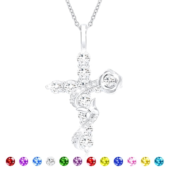 APSVO S925 Sterling Silver Plated Rose Cross Necklaces for Women Girls April Birthstone Pendant with Crystal Birthday First Communion Graduation Jewelry Gifts Teen Her Mom Kids Ideas Age