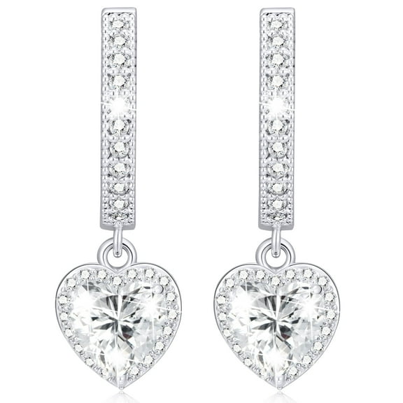 APSVO 18K White Gold Plated Love Heart Drop Earrings for Women Girls S925 Sterling Silver April Birthstone Earrings with CZ Birthday Valentines Day Jewelry Gifts Teen Her Girlfriend Wife Kids Ideas