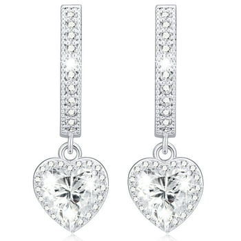 APSVO 18K White Gold Plated Love Heart Drop Earrings for Women Girls S925 Sterling Silver April Birthstone Earrings with CZ Birthday Valentines Day Jewelry Gifts Teen Her Girlfriend Wife Kids Ideas