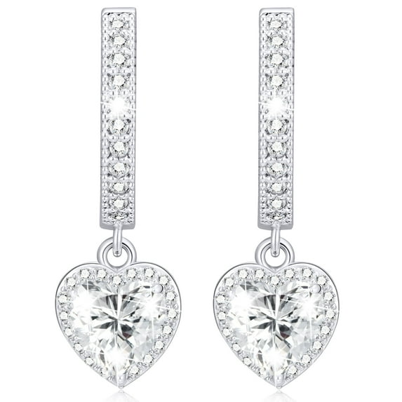APSVO 18K White Gold Plated Love Heart Drop Earrings for Women Girls S925 Sterling Silver Post April Birthstone Earrings with CZ Birthday Easter Basket Stuffers Jewelry Gifts Teen Kids Ideas
