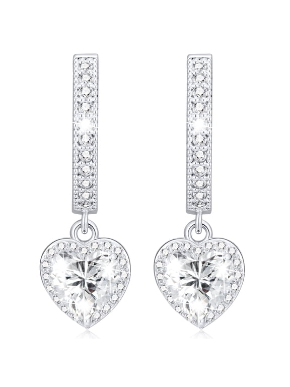 18K White Gold Plated Love Heart Drop Earrings for Women Girls S925 Sterling Silver Post April Birthstone Earrings with CZ Birthday Graduation Jewelry Gifts Teen Her Mom Adults Kids Ideas