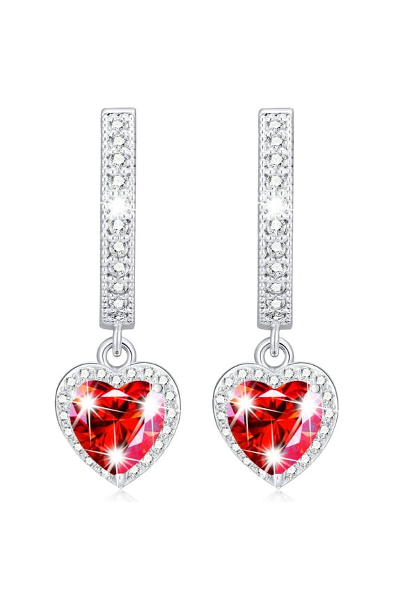 18K White Gold Plated Love Heart Drop Earrings for Women Girls S925 Sterling Silver July Birthstone Earrings with Red Ruby Birthday Valentines Day Jewelry Gifts Teen Her Girlfriend Kids Ideas