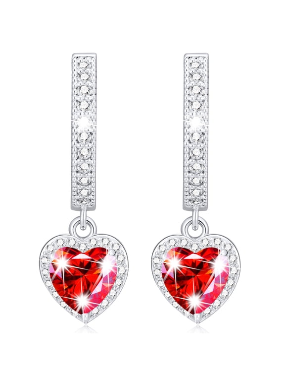 18K White Gold Plated Love Heart Drop Earrings for Women Girls S925 Sterling Silver Post July Birthstone Earrings with Red Ruby Birthday Graduation Jewelry Gifts Teen Her Mom Adults Kids Ideas