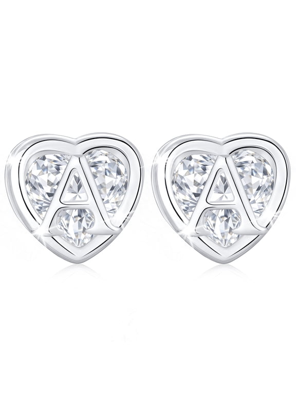 18K White Gold Plated Heart Initial Stud Earrings for Women Hypoallergenic with S925 Sterling Silver Post Letter A Earrings Birthday Christmas Jewelry Gifts Teen Girls Stocking Stuffers Kids