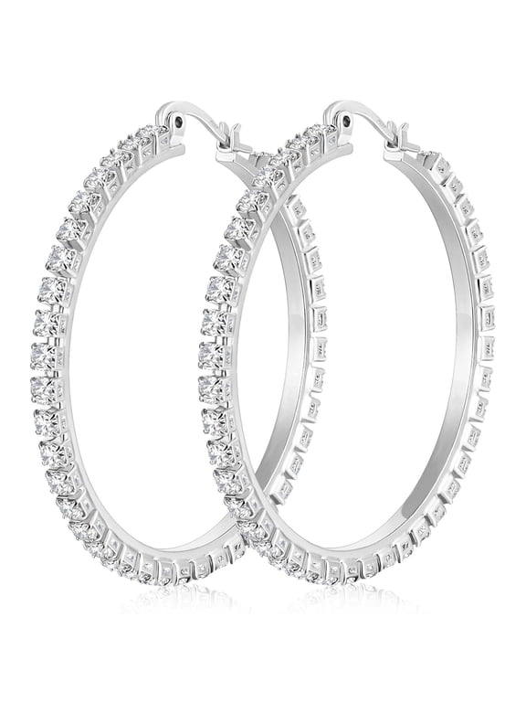 18K White Gold Plated Big Rhinestone Hoop Earrings for Women with S925 Sterling Silver Post Hypoallergenic Earrings Birthday Christmas Jewelry Gifts Girlfriend Stocking Stuffers Adults