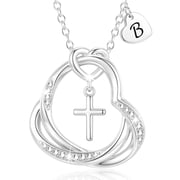 S925 Sterling Silver Plated Love Heart Initial Cross Necklaces for Women Girls CZ Letter B Pendant Chain Birthday Christ