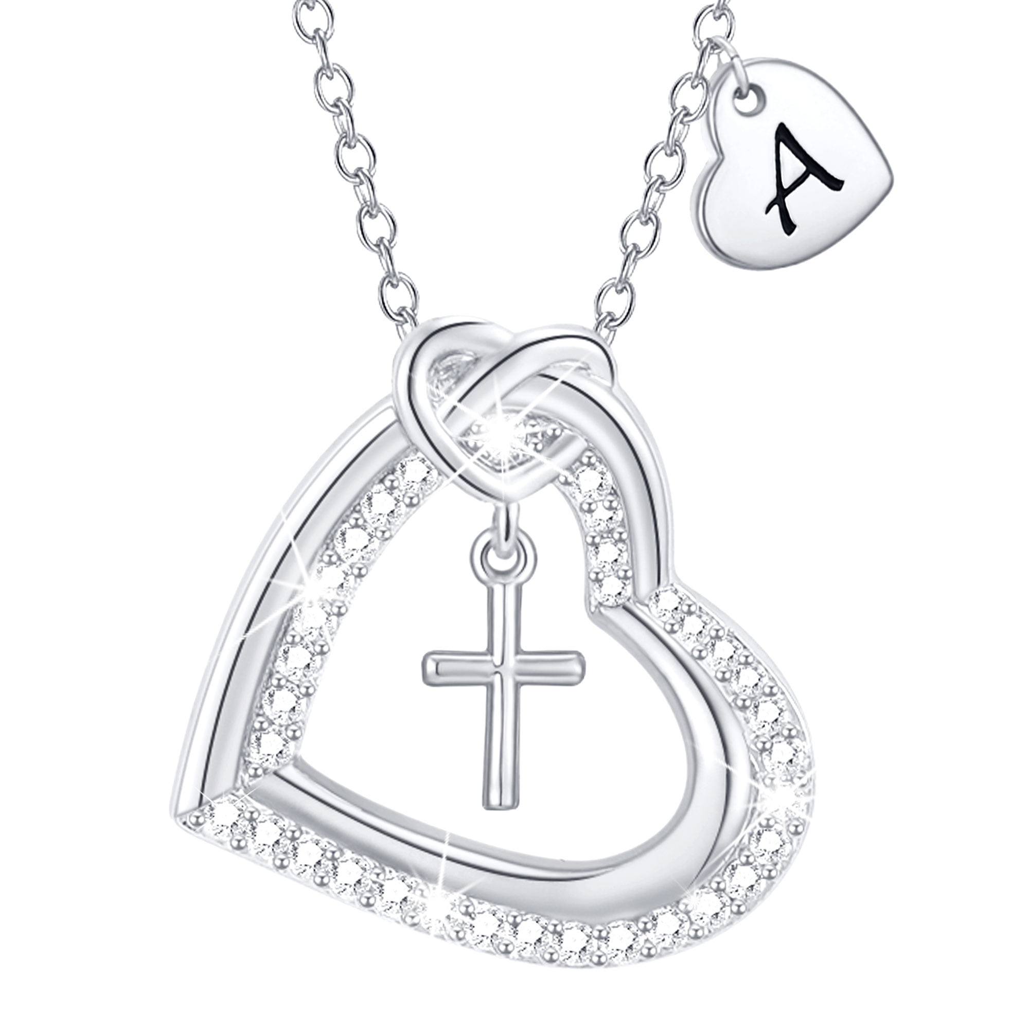 Walmart Deals of APSVO 18K White Gold Plated Love Heart Initial Cross Necklaces for Women Girls CZ S925 Sterling Silver Letter A Pendant Birthday Christmas Jewelry Gifts Teen Mom Adults Stocking Stuffers for Kids Age