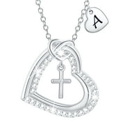 APSVO 18K White Gold Plated Love Heart Initial Cross Necklaces for Women Girls CZ S925 Sterling Silver Letter J Pendant Birthday Christmas Jewelry Gifts Teen Mom Adults Stocking Stuffers for Kids Age