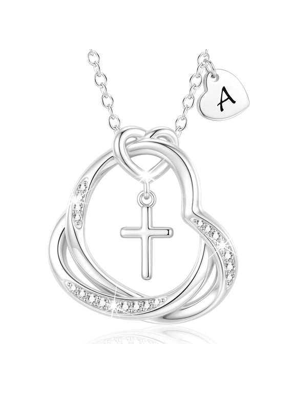 925 Silver Plated Love Heart Initial Cross Necklaces for Women CZ Letter A Pendant Chain Birthday Christmas Jewelry Gifts Teen Girls Stocking Stuffers Kids