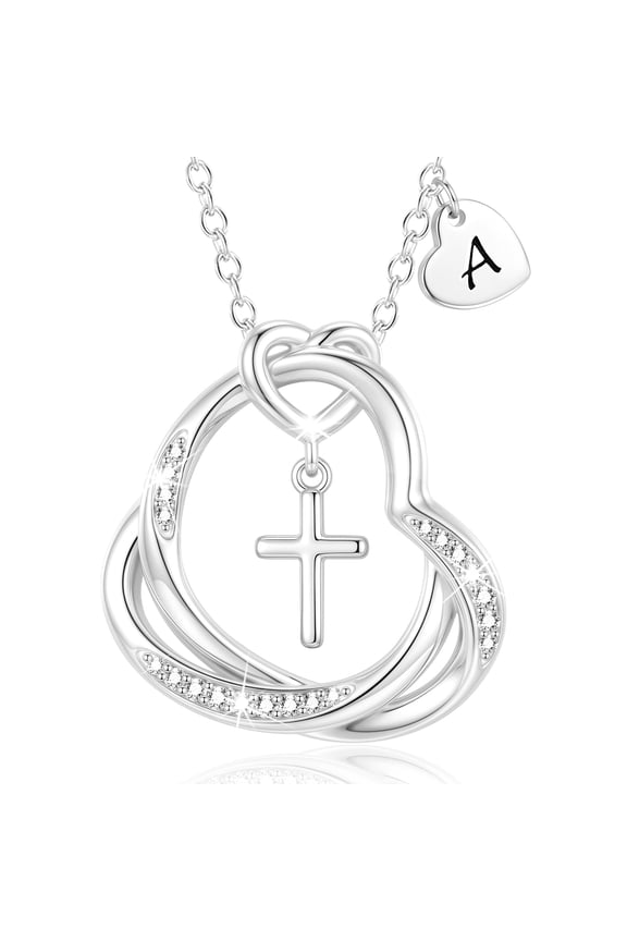 S925 Sterling Silver Plated Love Heart Initial Cross Necklaces for Women Girls CZ Letter A Pendant Chain Birthday Christmas Jewelry Gifts Teen Mom Wife Adults Stocking Stuffers for Kids Age