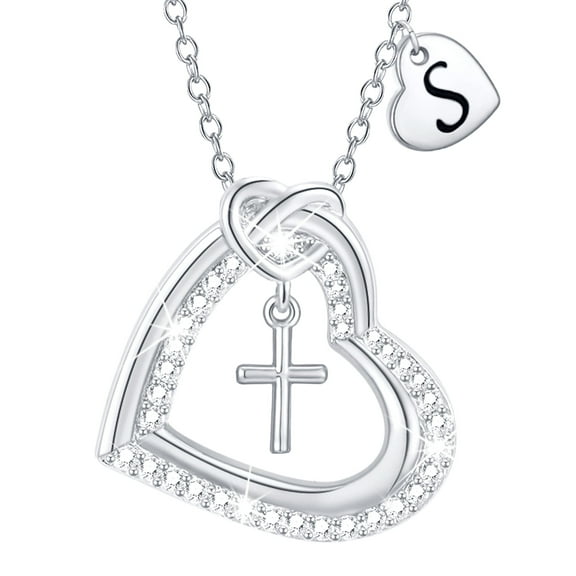 APSVO 18K White Gold Plated Love Heart Initial Cross Necklaces for Women Girls CZ S925 Sterling Silver Letter S Pendant Birthday Christmas Jewelry Gifts Teen Mom Adults Stocking Stuffers for Kids Age