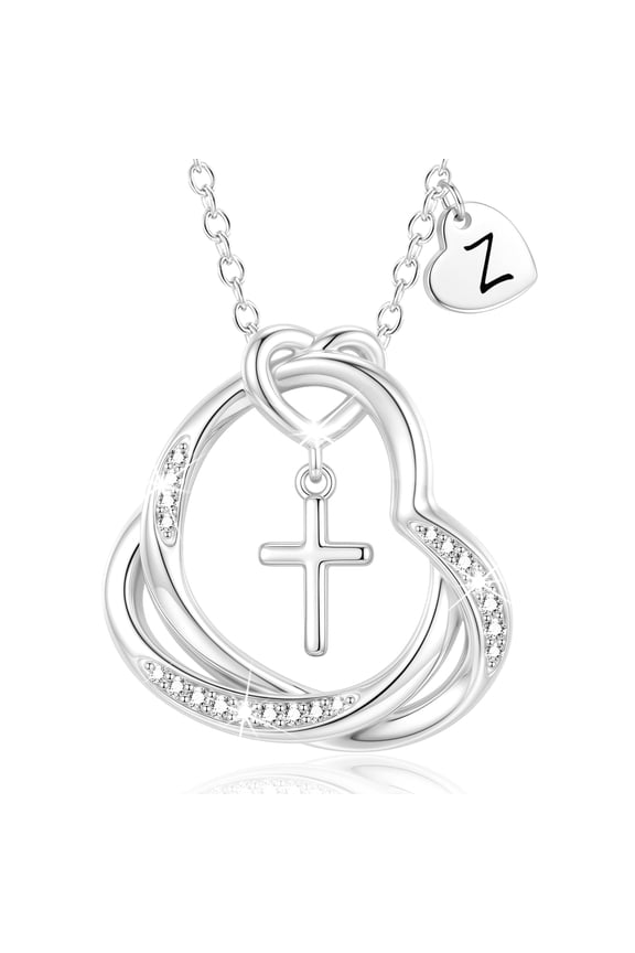 S925 Sterling Silver Plated Love Heart Initial Cross Necklaces for Women Girls CZ Letter Z Pendant Chain Birthday Christmas Jewelry Gifts Teen Mom Wife Adults Stocking Stuffers for Kids Age
