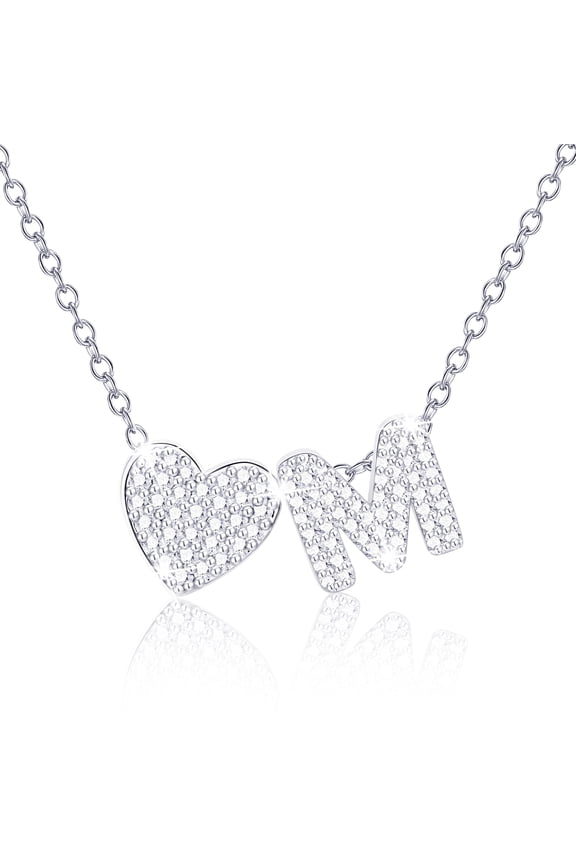 18K White Gold Plated Love Heart Initial Necklaces for Women Girls CZ S925 Sterling Silver Letter M Pendant Chain Birthday Valentines Day Jewelry Gifts Teen Girlfriend Wife Her Kids Age Ideas