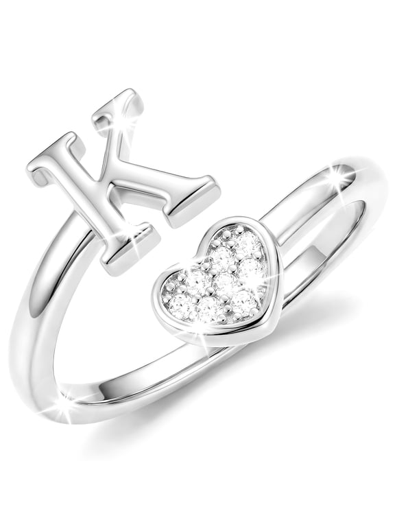 S925 Sterling Silver Plated Love Heart Initial Rings for Women Girls Non Tarnish CZ Letter K Ring Wedding Birthday Graduation Mothers Day Jewelry Gifts Teen Her Mom Girlfriend Wife Kids Ideas