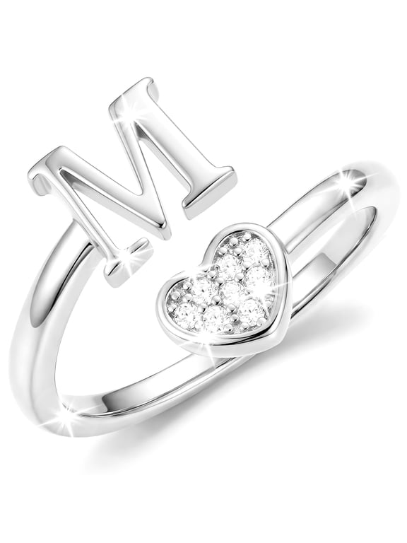 S925 Sterling Silver Plated Love Heart Initial Rings for Women Girls Non Tarnish CZ Letter M Ring Wedding Birthday Graduation Mothers Day Jewelry Gifts Teen Her Mom Girlfriend Wife Kids Ideas