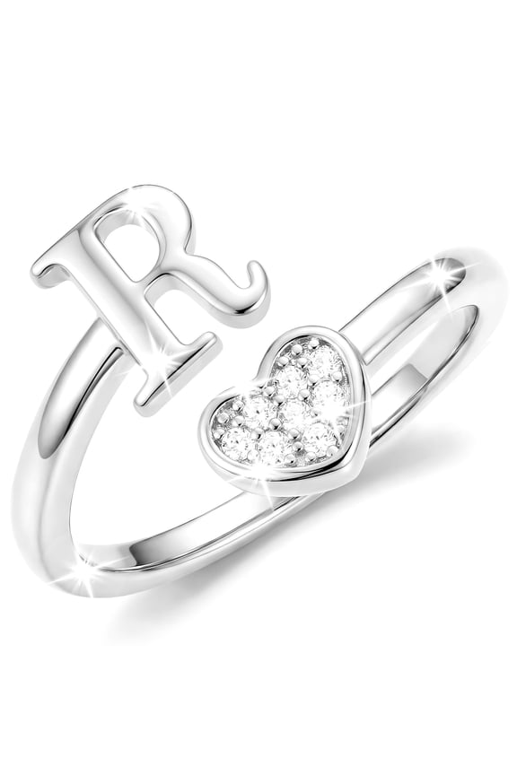 S925 Sterling Silver Plated Love Heart Initial Rings for Women Girls Non Tarnish CZ Letter R Ring Wedding Birthday Easter Basket Stuffers Jewelry Gifts Teen Girlfriend Wife Kids Ideas