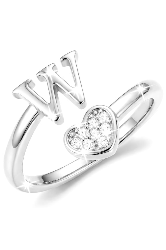 S925 Sterling Silver Plated Love Heart Initial Rings for Women Girls Non Tarnish CZ Letter W Ring Wedding Birthday Easter Basket Stuffers Jewelry Gifts Teen Girlfriend Wife Kids Ideas