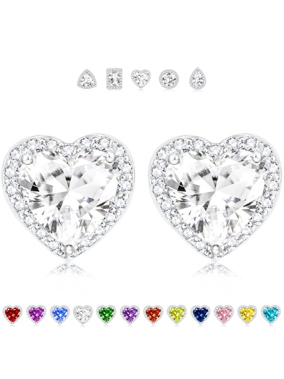 18K White Gold Plated Love Heart Stud Earrings for Women Hypoallergenic with S925 Silver Post April Birthstone Earrings Birthday Christmas Jewelry Gifts Teen Girls Stocking Stuffers Kids Ideas