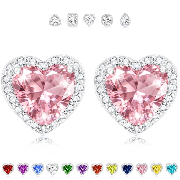APSVO 18K White Gold Plated Love Heart Stud Earrings for Women with S925 Silver Post October Birthstone Earrings with Pink Tourmaline Birthday Christmas Jewelry Gifts Teen Girls Stocking Stuffers Kid