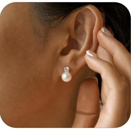 APSVO 18K White Gold Plated Pearl Stud Earrings for Women Hypoallergenic CZ S925 Sterling Silver Post Earrings Wedding Birthday Mothers Day Jewelry Gifts Mom Her Teen Girlfriend Wife Adults Ideas
