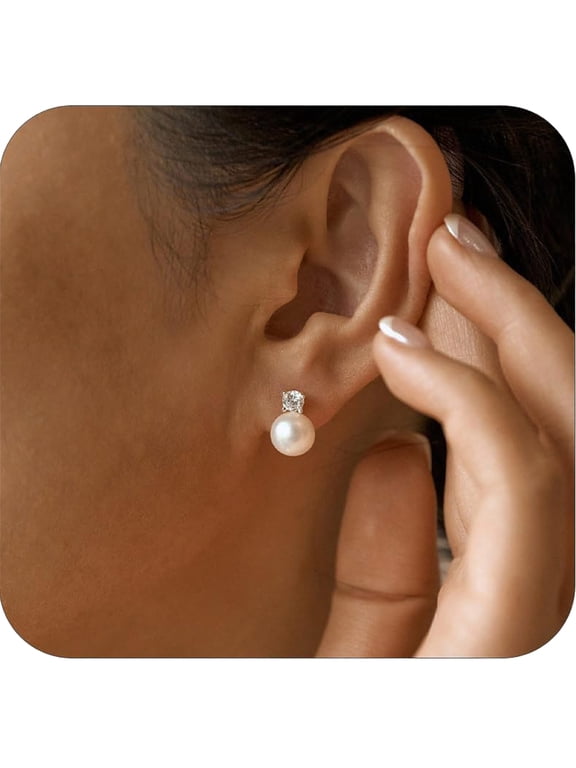18K White Gold Plated Pearl Stud Earrings for Women Hypoallergenic CZ S925 Sterling Silver Post Earrings Wedding Birthday Mothers Day Jewelry Gifts Mom Her Teen Girlfriend Wife Adults Ideas
