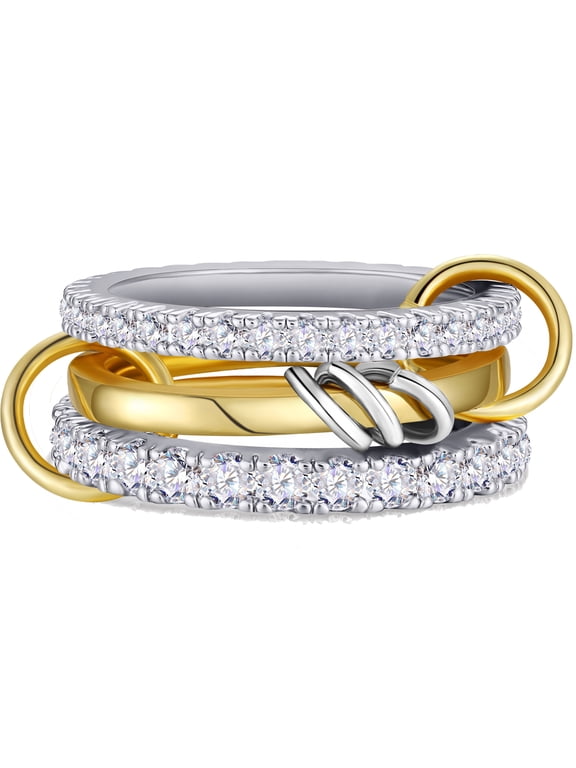 925 Silver Plated Stackable Rings for Women CZ Interlocked Knuckle Multi Link Connected Rings Set Wedding Birthday Christmas Jewelry Gifts Girlfriend Stocking Stuffers Adults